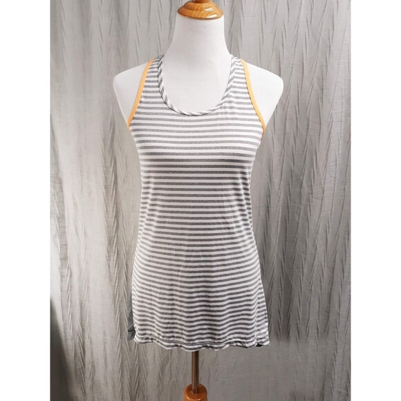MPG Womens Active Tank Top Shirt Hi-Low Gray White Stripes w Orange Trim Size M - Picture 2 of 11